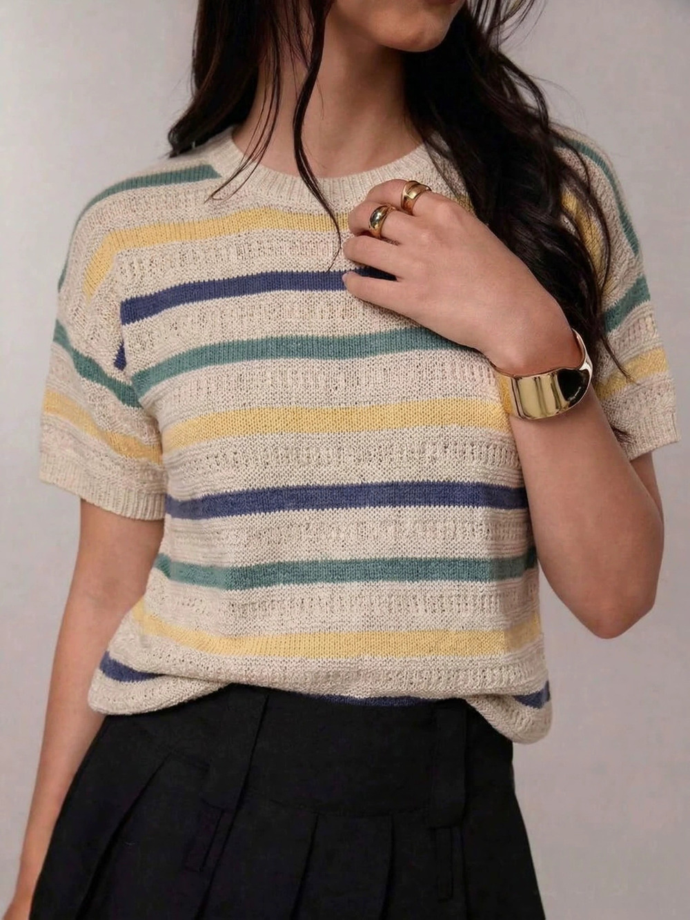 ZARA French Retro Striped Ice Silk Knit Short Sleeve Top Loose Breathable Cool